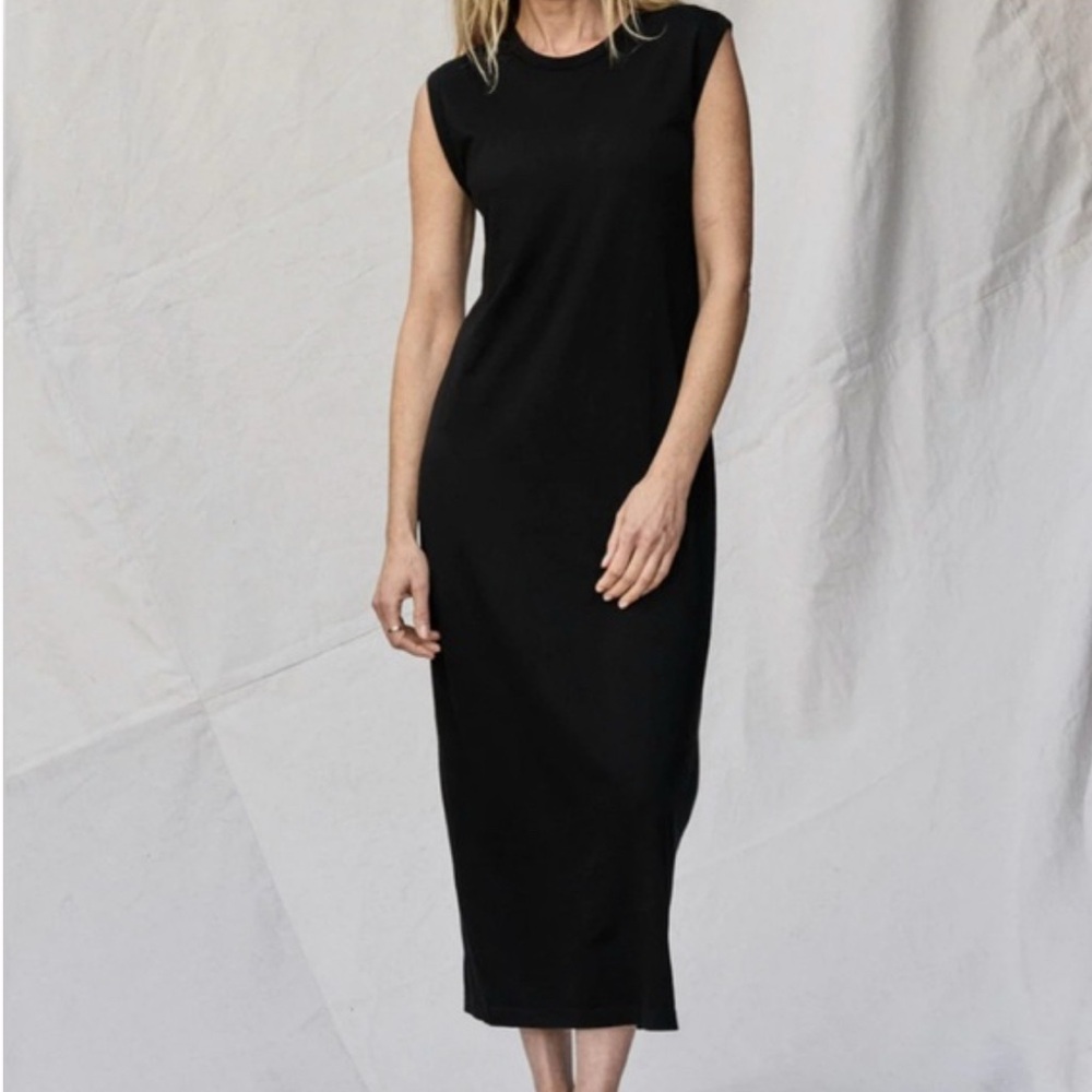 Buck Mason Black Sheath Midi Dress Sleeveless Crew Neck